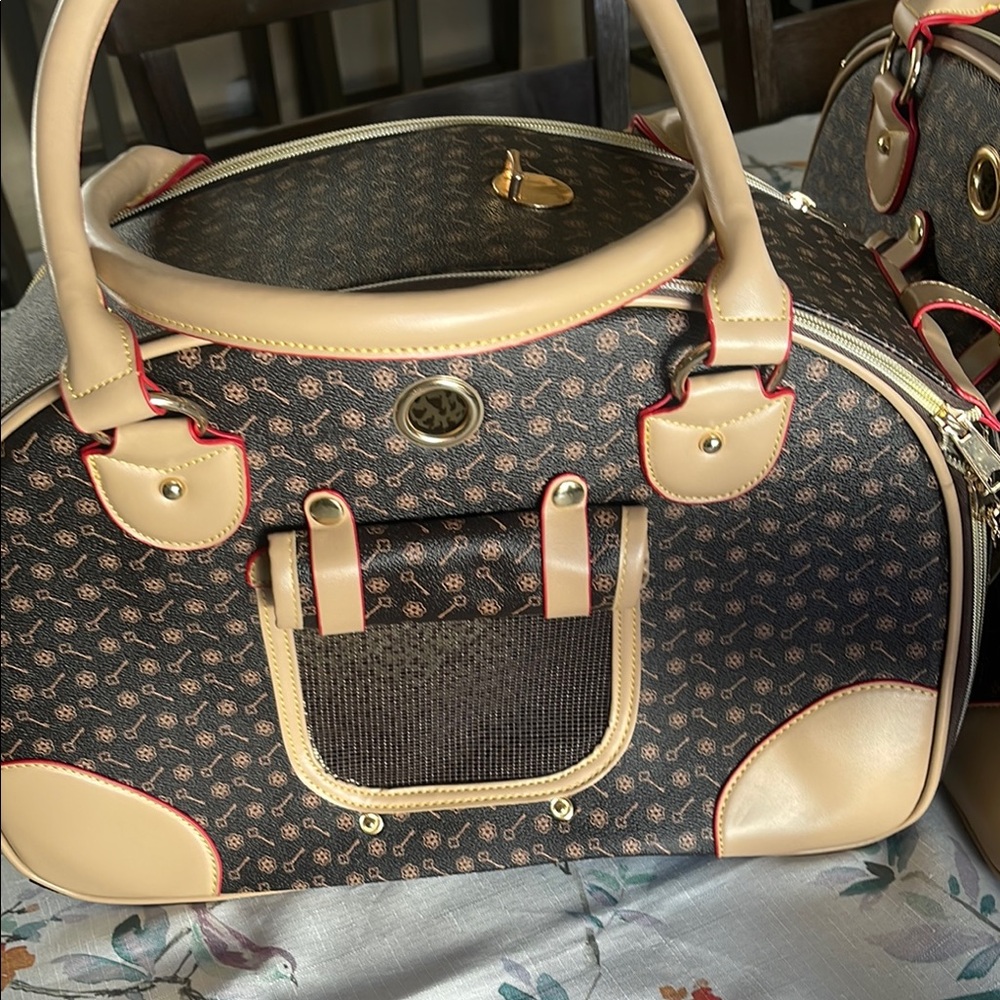 Classic Brown Patterned Pet Carrier with Tan Trim and Red Accents